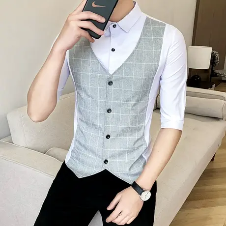 夏季潮流短款马甲衬衣一体假两件七分中袖发型师工装男士时尚衬衫商品大图