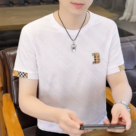 男士短袖t恤夏季2023新款潮牌半袖冰丝薄款半截袖白色体恤上衣服商品大图