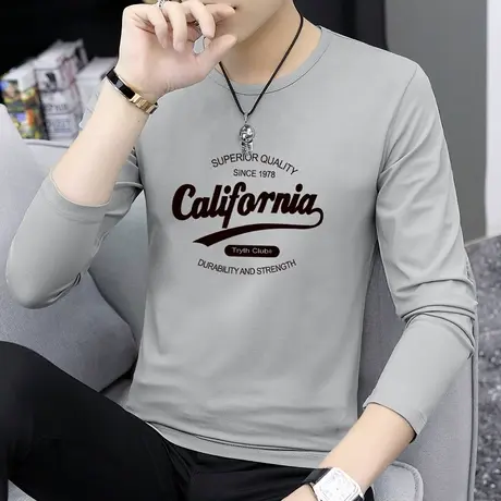 莫代尔长袖t恤男装2024新款圆领打底衫内搭潮流印花体恤秋衣小衫商品大图