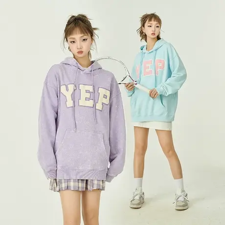 YEP发泡印花连帽卫衣女2024新款春秋宽松慵懒风炒雪花长袖上衣ins图片