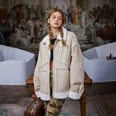 设计感拼接棉服女2023新款加厚冬季机车外套复古宽松毛毛棉衣商品大图