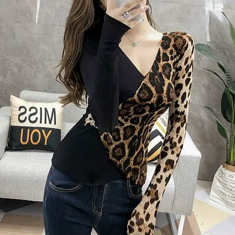 2024春秋新款时尚豹纹拼接T恤女长袖设计感不规则轻熟上衣打底衫商品大图