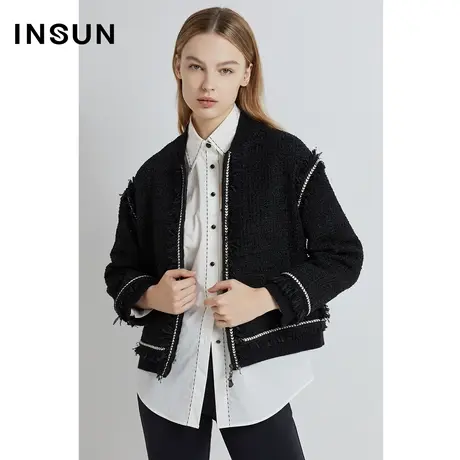 INSUN恩裳线上专选春季粗纺花纱呢小香风棒球服外套图片