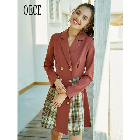 Oece春装女装甜美少女心吸睛撞色假两件修身长袖连衣裙图片