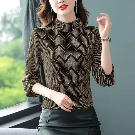 打底衫女2023秋冬新款加绒加厚时尚洋气网纱长袖t恤上衣复古小衫商品大图