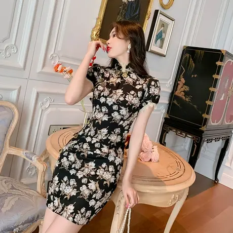 印花蚀骨旗袍女夏改良复古素雅年轻款小个子短款显高碎花连衣裙商品大图