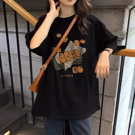 商场专柜黑色短袖正肩t恤女2023夏季新款宽松小众印花中长款上衣商品大图