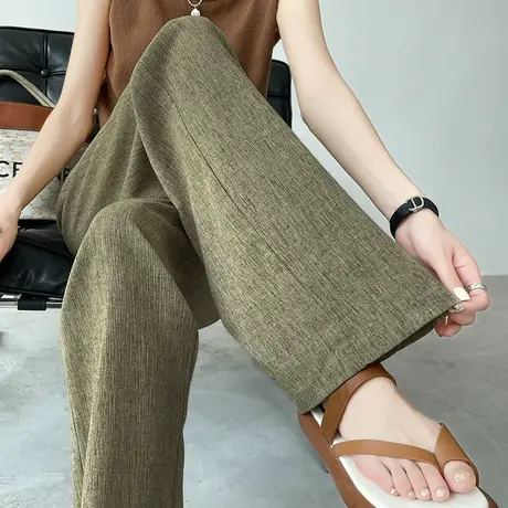 棉麻高级感阔腿裤女2024春秋新款高腰窄版直筒宽松显瘦休闲拖地裤图片
