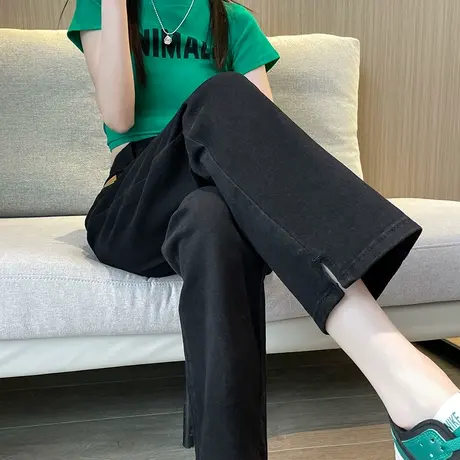 黑色直筒牛仔裤女春秋2024新款高腰宽松显瘦九分小个子开叉烟管裤商品大图