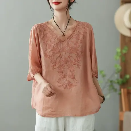 dza复古绣花苎麻衬衫女2023夏季薄款V领衬衣气质显瘦棉麻套头上衣图片