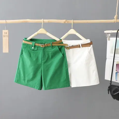 时尚纯色高腰休闲短裤女夏季新款直筒宽松阔腿裤显瘦洋气腰带热裤图片