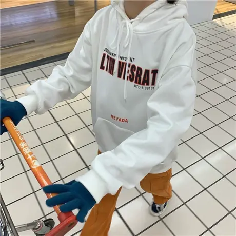 港风ins潮新款冬装字母百搭宽松oversize加厚加绒连帽卫衣女外套图片