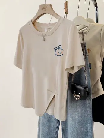 韩系chic短袖t恤女夏不规则开叉潮ins小个子显高新款洋气减龄上衣商品大图