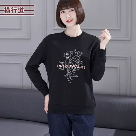 圆领印花绣花黑色卫衣女装宽松长袖大码2024新款上衣休闲外穿春装商品大图