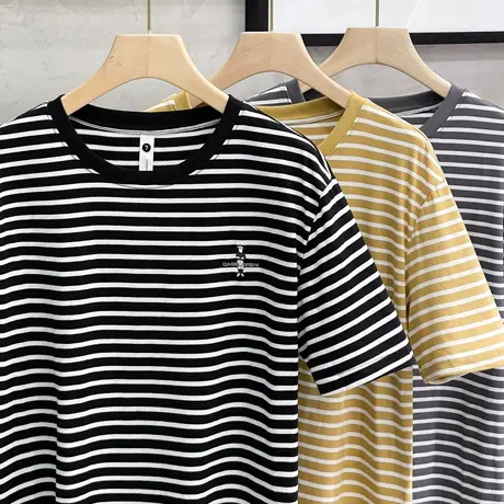 条纹t恤男圆领潮牌简约人物刺绣日系高级感男装短袖2023新款潮流商品大图