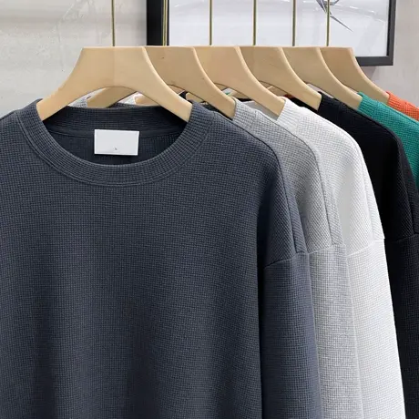 华夫格男士圆领卫衣宽松男装潮流t恤男长袖打底衫男春秋2023新款商品大图