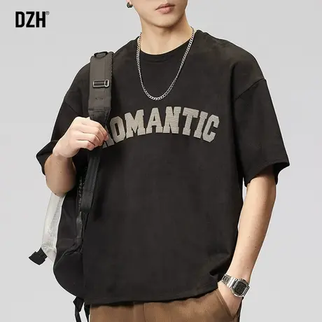 男士麂皮绒短袖t恤男美式复古印花上衣夏季薄款男装2023新款体恤商品大图