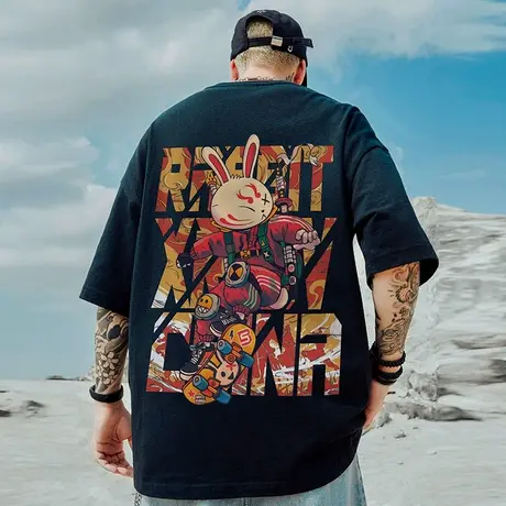 oversize重磅潮牌胖子男装加肥加大码国潮嘻哈宽松短袖T恤半袖潮商品大图