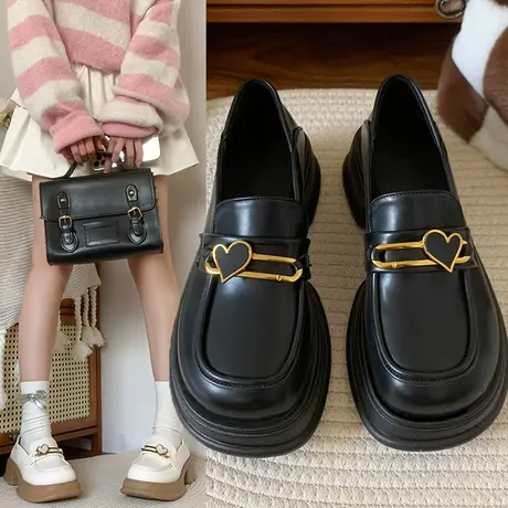 粗跟厚底乐福鞋女2023年春秋新款一脚蹬小皮鞋英伦风黑色粗跟单鞋图片