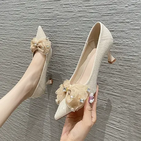蝴蝶结高跟鞋女细跟2024年春夏季新款性感水钻仙女风尖头浅口单鞋图片