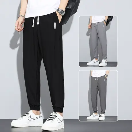 夏季薄款九分运动休闲裤男士束脚宽松紧腰弹力男款冰丝潮牌凉凉裤商品大图