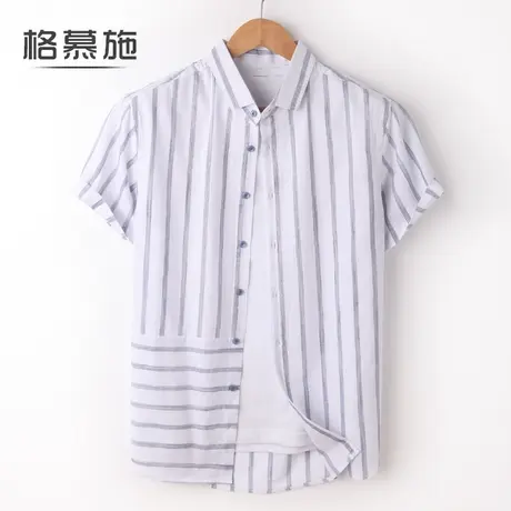 格慕施纯棉男短袖衬衫男装帅气休闲拼接男士夏季寸衬衣条纹上衣服商品大图