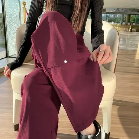 美式红色工装裤女2023春秋新款高腰宽松直筒阔腿显瘦休闲运动裤子商品大图