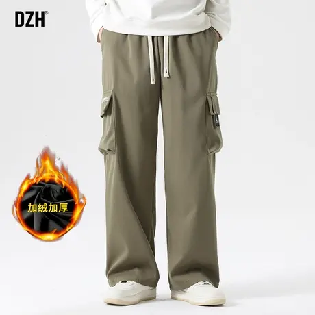 男士加绒裤子男款冬季美式工装裤潮牌男2024新款军绿色直筒阔腿裤商品大图