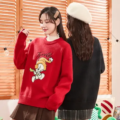 崔迪联名款毛衣女唐狮新女圆领卡通图案毛线衫日系慵懒风上衣图片