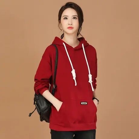 新品85折】美式连帽宽松中长红色BF加绒卫衣女商品大图