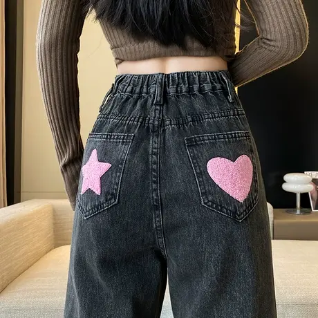 美式加绒加厚刺绣黑色阔腿牛仔裤女秋冬新款高腰宽松显瘦直筒裤子商品大图