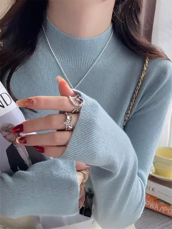 蓝色半高领毛衣女秋冬纯色内搭长袖上衣2024新款羊毛针织打底衫商品大图