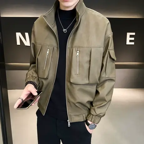 高级感工装口袋时尚机车皮衣外套秋季潮流痞帅个性短款皮夹克上衣图片