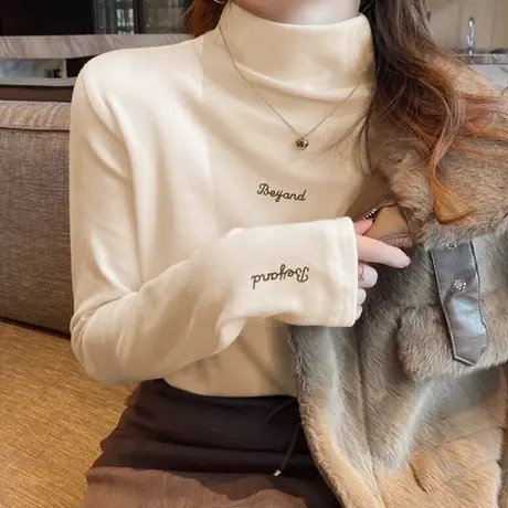 德绒刺绣打底衫女冬季内搭加厚加绒长袖T恤韩版修身半高领上衣潮商品大图