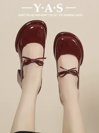 复古玛丽珍鞋女2024春季新款粗跟单鞋漆皮圆头法式蝴蝶结高跟鞋女图片