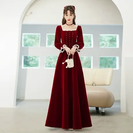 丝绒结婚敬酒服新娘冬季法式高级酒红色订婚礼服平时可穿长袖回门商品大图