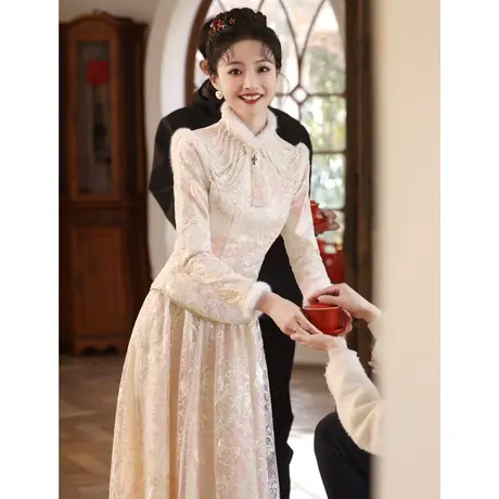 敬酒服2024新款新娘旗袍香槟色订婚礼服裙中式结婚长袖加厚冬季女商品大图