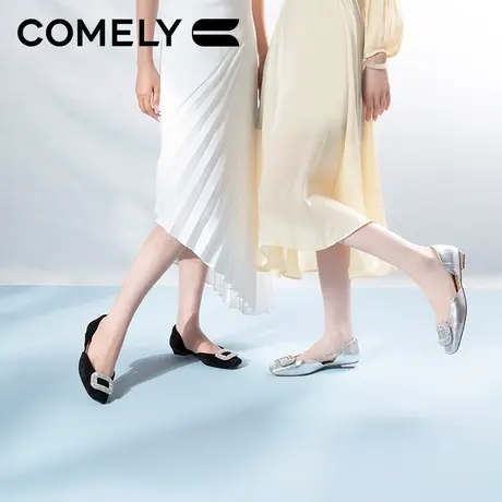 康莉粗跟银色单鞋女夏季商场新款百搭方扣真皮包头凉鞋低跟女单凉图片