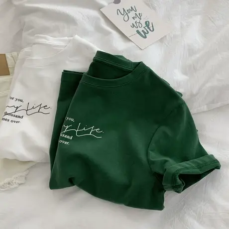 韩版小心机字母印花圆领短袖t恤女宽松显瘦纯棉内搭打底衫夏季潮商品大图