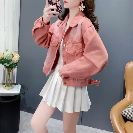 渐变粉色短款牛仔外套女春季2024年新款宽松洋气百搭复古夹克上衣商品大图