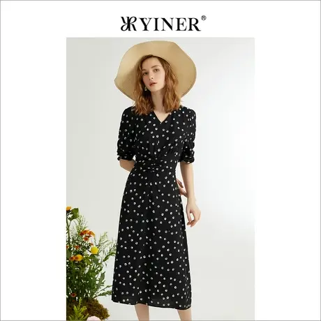 YINER音儿女装夏季v领气质赫本风碎花收腰修身连衣裙图片