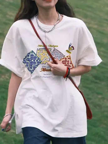 白色短袖t恤女ins夏季小个子圆领宽松小众设计感港味chic韩版上衣商品大图