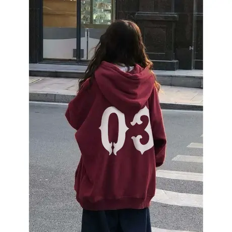 oversize连帽卫衣女秋冬加绒加厚宽松韩系慵懒风上衣外套美式复古商品大图