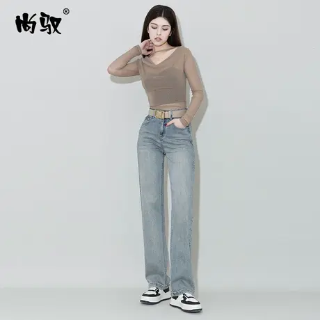 高腰牛仔直筒裤女窄版蓝色弹力拖地裤2024年春季新款韩版百搭裤子图片