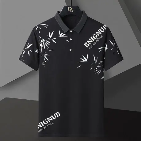 夏季Polo衫男短袖t恤半袖上衣潮牌大码新款印花纯棉男装黑色体恤商品大图