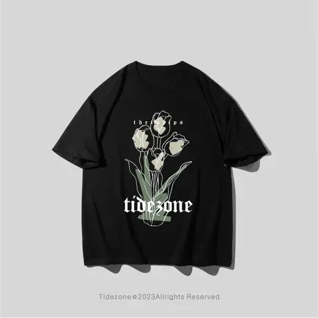 Ohlyah街头植物边线花朵短袖T恤男女夏季潮牌休闲情侣学院风上衣图片