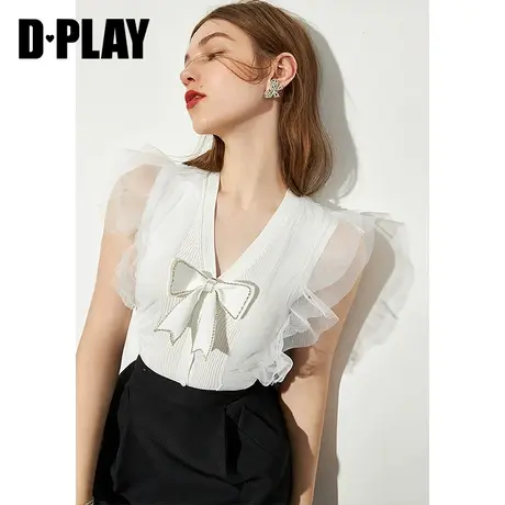 DPLAY德帕拉夏季新款名媛气质风白色针织背心网纱拼接小衫商品大图