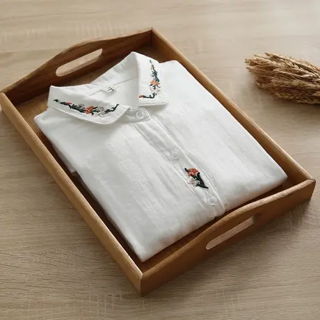 春秋装日系文艺小清新刺绣花朵双层棉纱长袖白衬衫女宽松百搭上衣商品大图