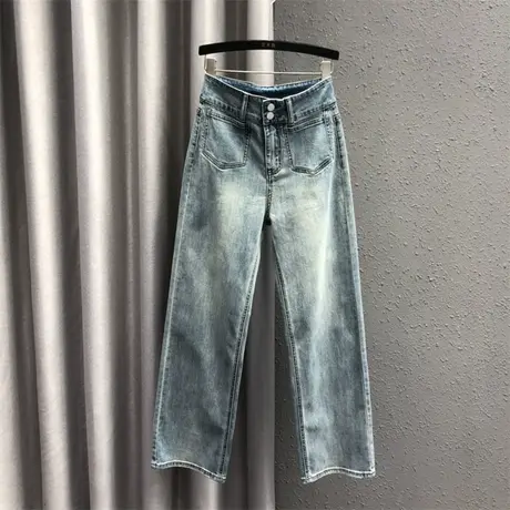 欧货韩版直筒裤女2024春夏新款蓝色个性贴布气质高腰休闲牛仔长裤图片