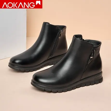 奥康棉鞋女2023冬季真皮休闲加绒保暖短靴女平底中老年妈妈皮棉鞋商品大图